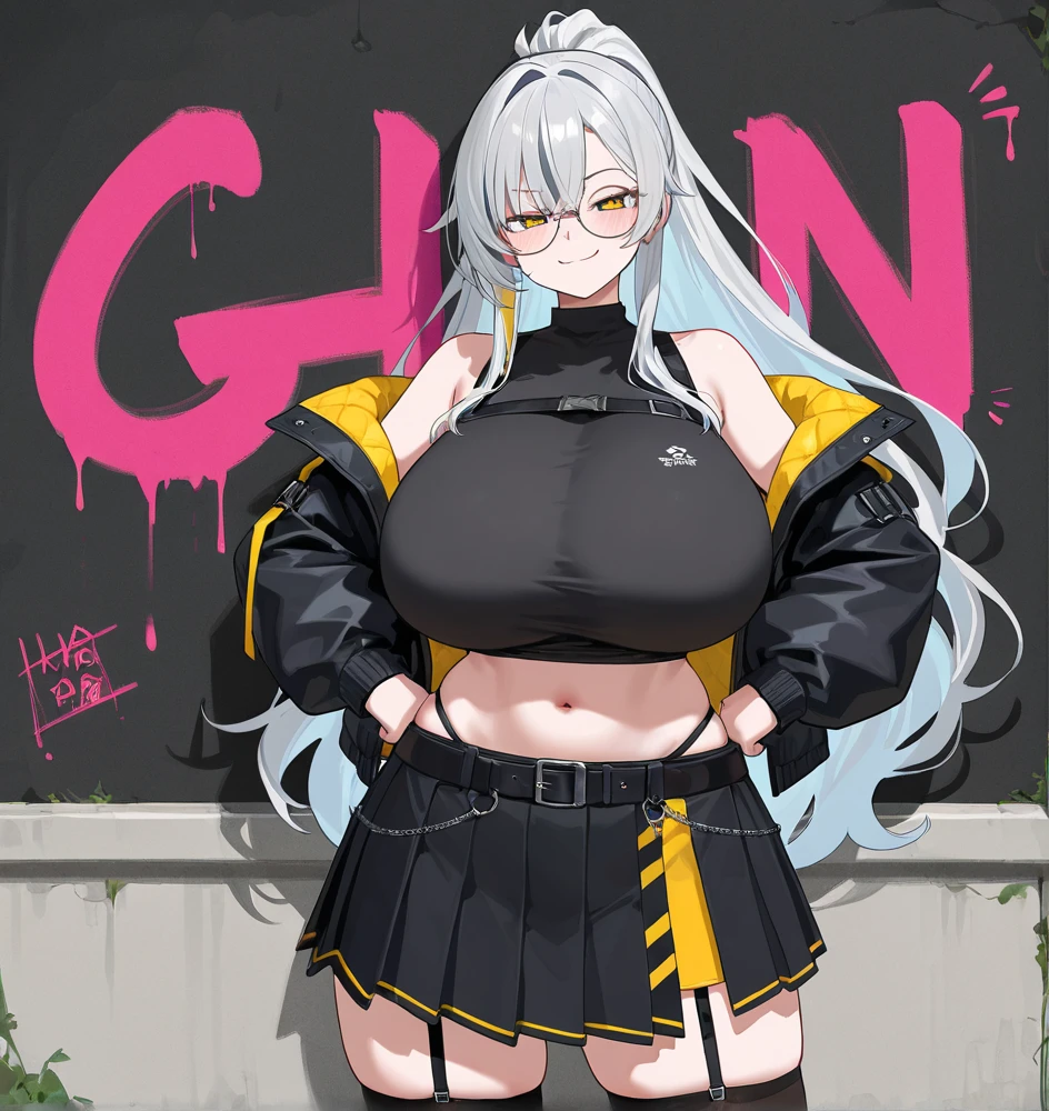 best quality, (masterpiece),(ultra-detailed), (high quality), (high resolution),  1girl, ahoge,  bangs, black skirt, blush, cleavage, collar, english text, erispheria, gift, hair ornament, hand on hip, large breasts, long hair, looking at viewer, open mouth, pleated skirt, pointing at self, portrait, red eyes, shirt, simple background, skirt, smile, solo, upper body, virtual youtuber, white hair, big breasts, (big breasssts:1.6), (beautiful large breasts:1.4), HH-cup, muslos anchos