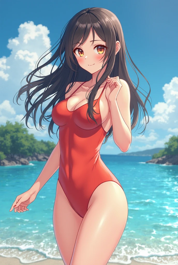 create a 25-year-old anime girl with a mountain pose wearing a red swimsuit in a landscape of a famous beach