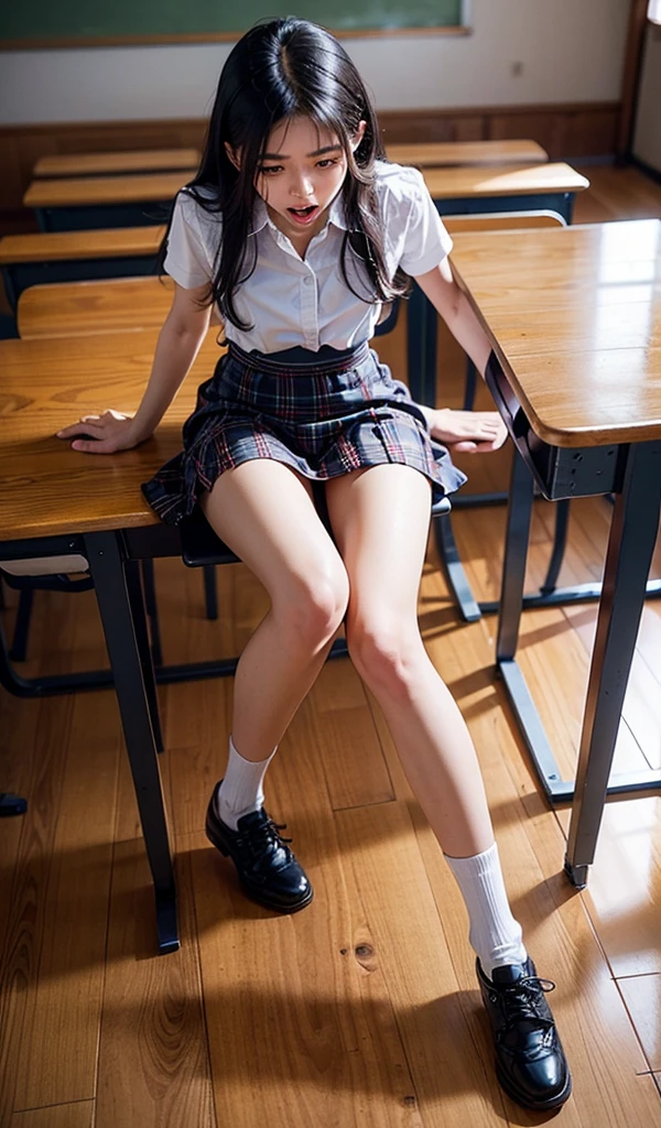 High resolution, Super detailed, Realistic, 1 beautiful Japan schoolgirl, Highly detailed beautiful face, Short Bob、Black Hair, Beautiful feet, A light smile, Swimwear, classroom