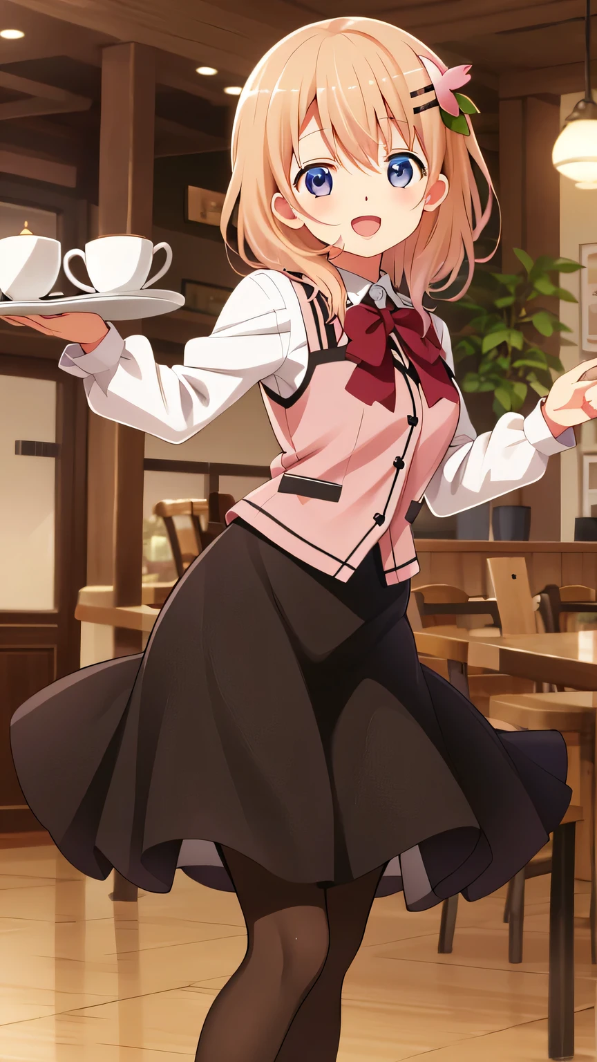 {{{masterpiece}}}, (best quality:1.5), (ultra-detailed:1.5), {illustration}, {{an extremely delicate and beautiful}}, (beautiful detailed eyes:1.6), absurdres, highres, extremely detailed face, 16k, hd, visual anime de uma jovem mulher, extremamente bonito rosto de anime, anime melhor garota, (perfect hands, perfect anatomy), anime face, Hoto Cocoa(Gochuumon wa Usagi desu ka??), aacocoa, 1girl, solo, cute face, light brown hair, (medium hair:1.2), bangs, hairclip, hair ornament, round face, big eyes, (purple eyes:1.2), (High resolution eyes, Beautiful eyes, Light in the eyes), flushed cheeks, medium breasts, big hips, curvaceous, BREAK, (pink vest:1.2), tuck out, red bowtie, collared shirt, white shirt, long sleeves, black skirt, (very long skirt:1.4), pink lining, black pantyhose, thighs, BREAK, standing, open mouth, flushed cheeks, sorriso alegre, smiling, visual anime de uma jovem mulher, extremamente bonito rosto de anime, anime melhor garota, indoor, daytime, Cafe, waitress, waiter, carrying coffee cup on tray, coffee, cup, dancing, fluttering skirt