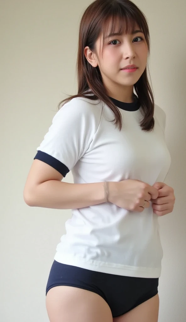 Photo-realistic quality、A woman in a white blouse is holding a golf club, Japanese girls uniform, Cute school girl, Realistic young gravure idol, Young and cute gravure idol, High school girl posing, Surreal , Young and skinny gravure idol,Girl wearing short-sleeved blouse, Japanese Model、Sheer white blouse