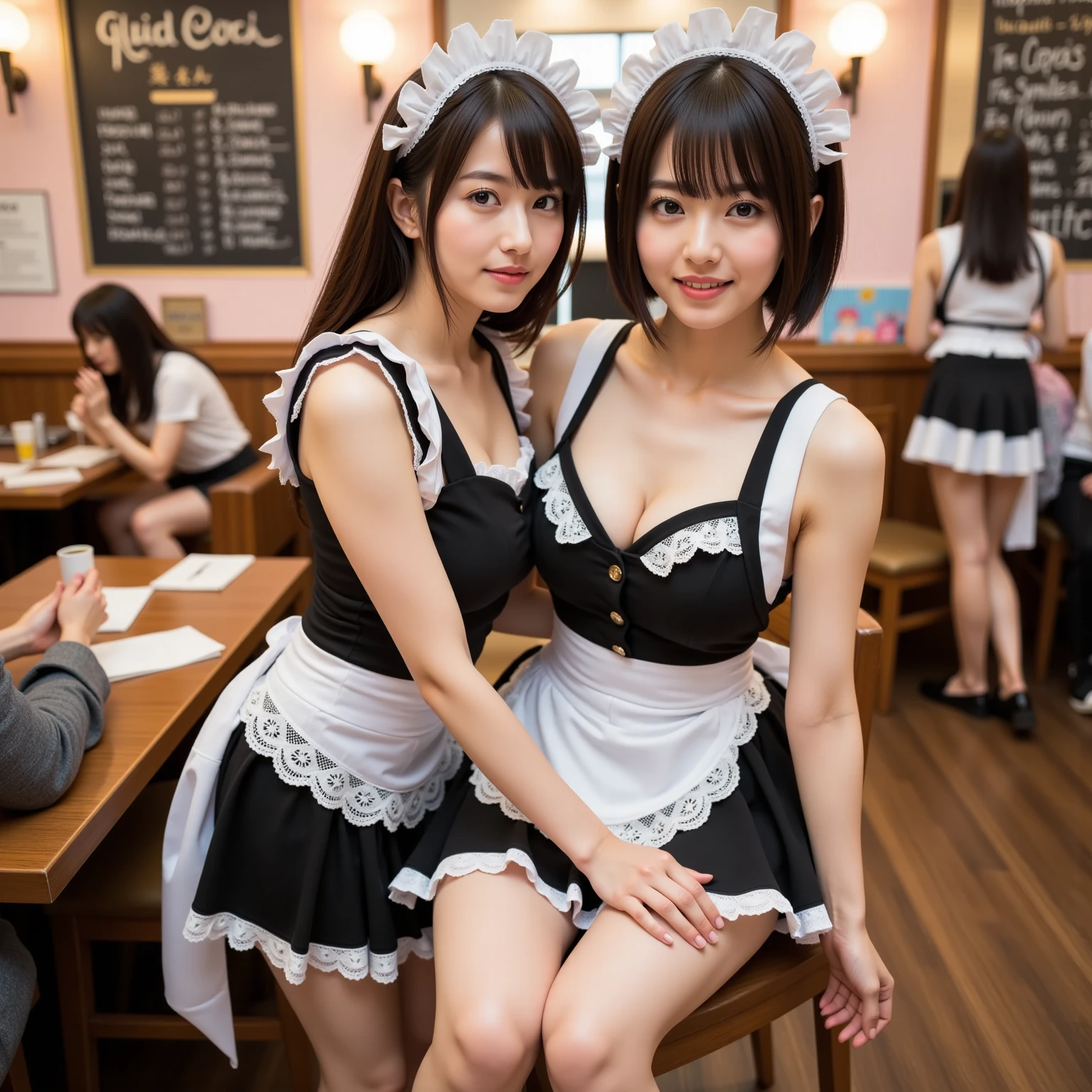 kawaii face, (2girl), (cute smile:1.2), (Gorgeous lace maid costume, lace decoration:1.4), (maid cafe pink costume, costume with frills, mini skirt), cleavage, (best Quality:1.4), (hyper-realistic, hight resolution), Professional Photography, standing, Indoor, (maid cafe), Close up portrait of girl, staring at me, (Fine face:1.2),