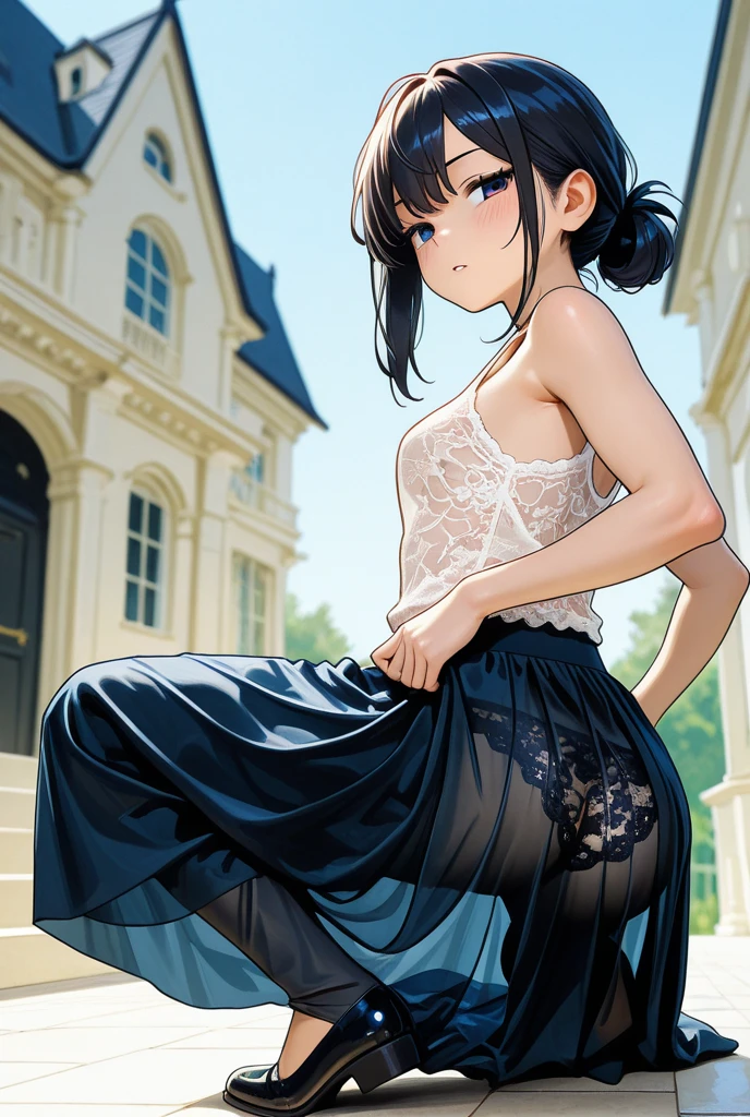 masterpiece, best quality, ultra-detailed, ray tracing, perfect lighting, detailed image, natural skin texture, 1girl, rukia, perfect anatomy, black color hair, little breast, cleavage, delicate eyes, detailed eyes, lustful, blush, hot, sexy, sexy body, nsfw, sexy pose, arm behind the back, wet, showing her boobs, open legs, no panties, show pussy, pretty pussy, thinner waist, wide hips, thick thighs, better lighting, blue sky, clouds, in a river.