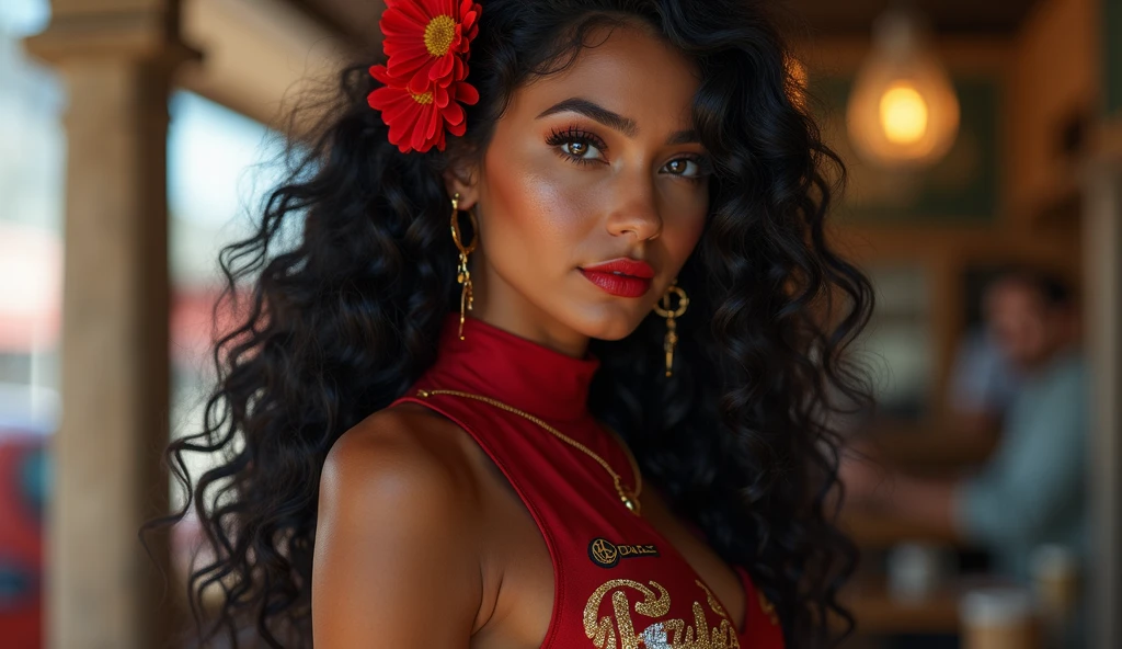 melhor qualidade, alto_Resolução, distinto_imagem, hindi woman with long, wavy black volumous hair, black eyes, plump dark red lips, wearing a vibrant vintage dress with Latin-inspired patterns, such as flowers and geometric shapes. The dress features puffed sleeves and a wide belt. The look is completed with large hoop earrings, a pearl necklace, and retro-style mid-heeled shoes.