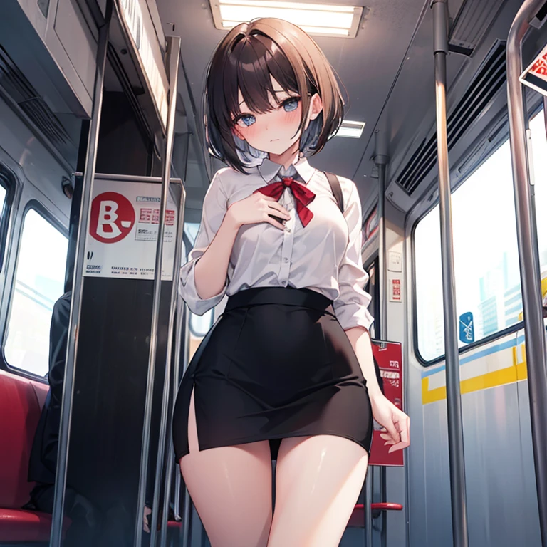 (32k),Dark hair,Brown eyes,length hair,embarrassed from,blush,(in the train),(((peer in from below))),((cute underwear
)),((skirt lift by myself)),(((crowd of people
))),((thigh focus)),