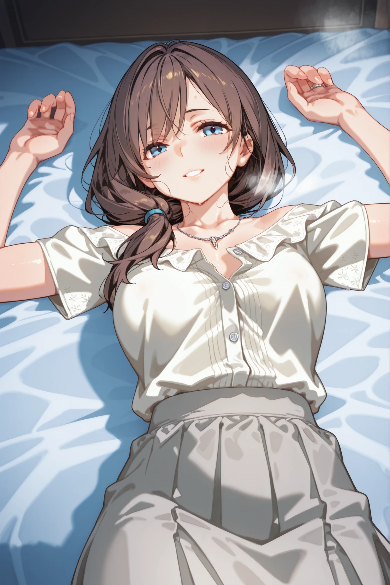 masterpiece, best quality, highres, 1girl, spread armpit <lora:spread_armpit_left:1> lying, on back, bed sheet