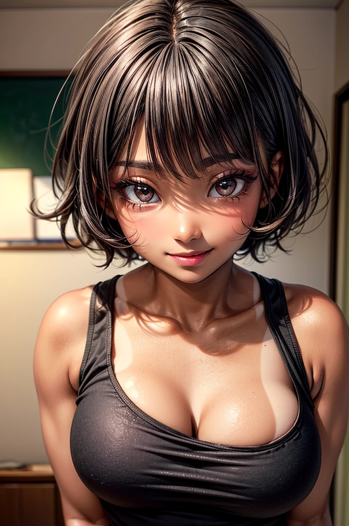 Highest quality、Realistic、、zoom、Girl、look up、cute、Light grey eyes、Black Hair、short hair、Tanned brown skin、Dark Skin、Character print white bra、Character print white panty、Shy laugh、Flat Chest、Bust Shot、Low - Angle、thin、Changing clothes、Stripping scene