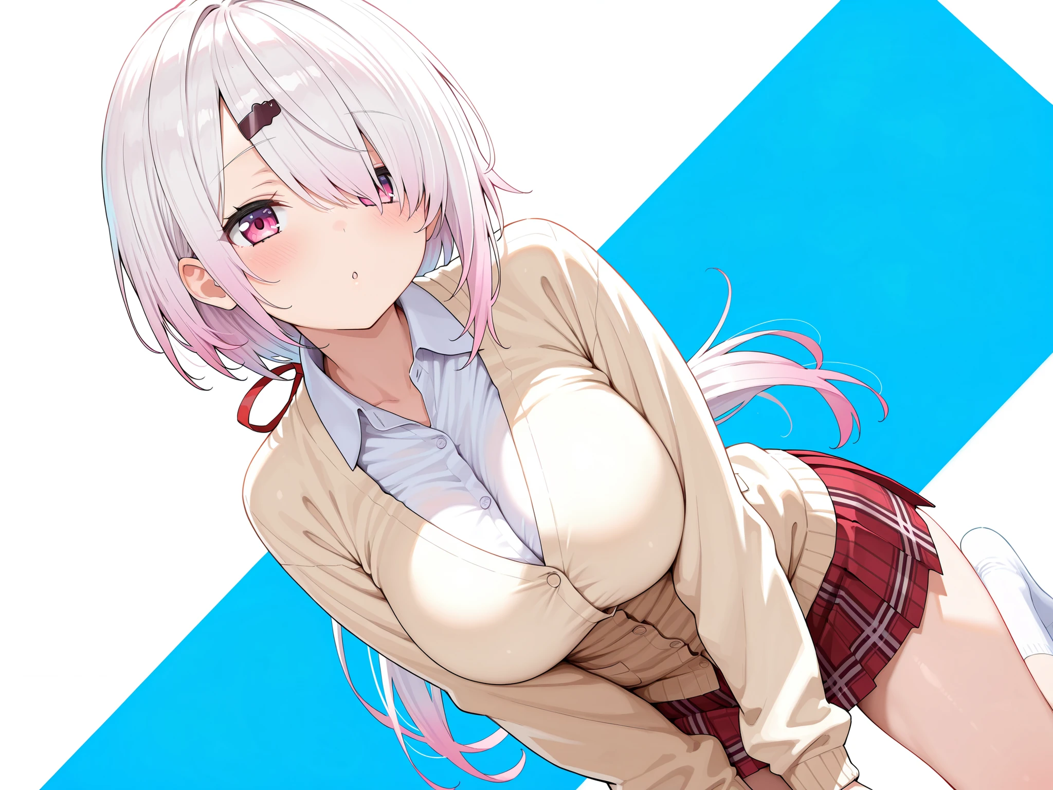 solo,masterpiece,best quality, amazing quality, highres, absurdres, very aesthetic, high resolution, ultra detailed, perfect details,(masterpiece, detailed:1.2),nijiyuika,large breasts,pink eyes,gradient hair,light pink hair,white hair,round face,long hair,hair over one eye,low ponytail,hair ribbon,hairclip,nijiyuikacos,white shirt,collared shirt,red bow,cream-yellow cardigan,red skirt,miniskirt,plaid skirt,pleated skirt,white socks,short socks,