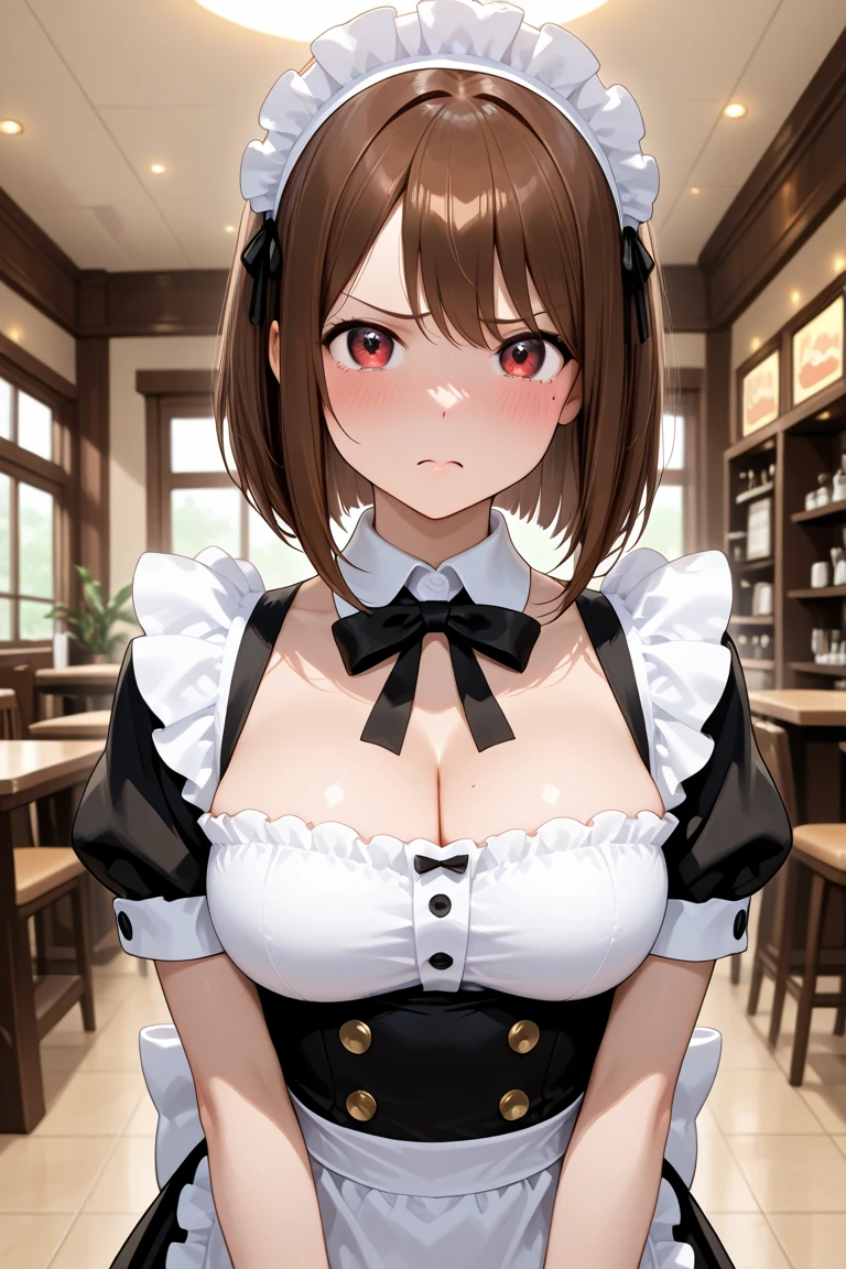 ((highest quality)), ((masterpiece)), (detailed), Perfect face cat ears　Wolf Cut　Maid clothes　Brown Hair　Her breasts are very large　Part of the chest is exposed　maid Cafe　One person brought food　Clothes are wet with sweat　Her breasts are visible　blush　Embarrassed look　Carrying food　Braided in one place　An empty classroom in a stumbling school　White liquid splattered on the floor