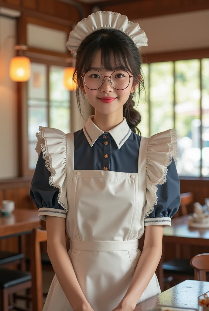 Pretty 19 year old girl, look innocent and beautiful, big blue eyes, blonde hair , rosy cheeks, black maid outfit ,maid , cafe