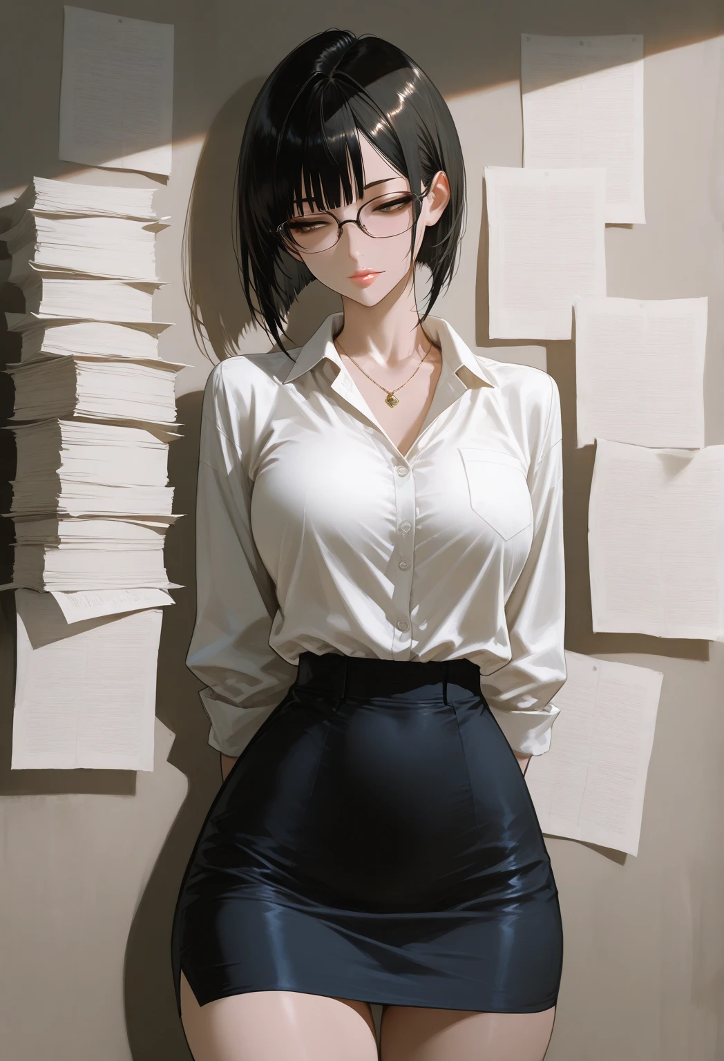 juri han, work of art, tight white secretary shirt with black tie, black high waist skirt, short skirt,stocking, black hair, black tightsolhar assustador,office,franja nos olhos,iluminação,visão de cima,olhando para cima,sorriso maligno