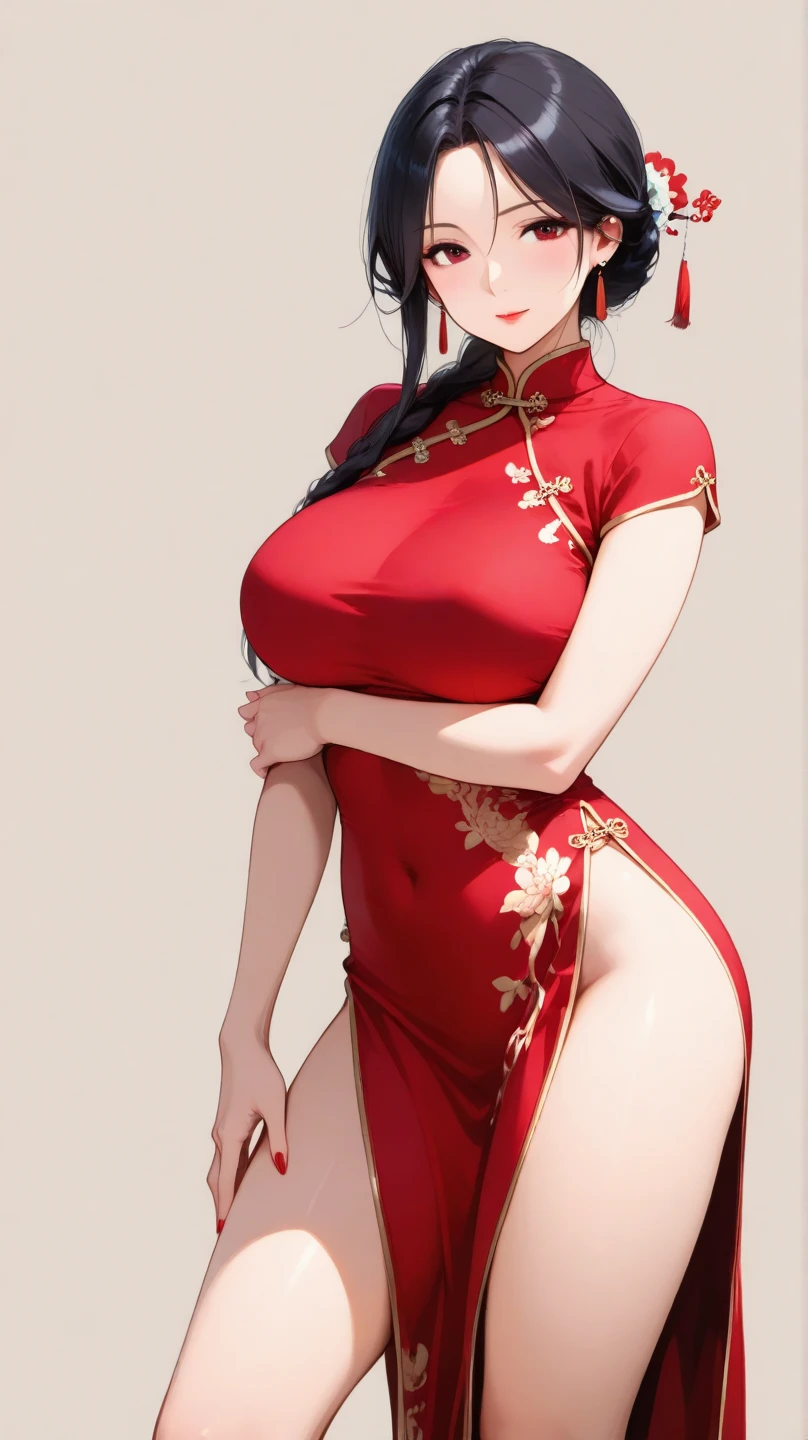 Side camera from 45 degree angle, ultra detailed, solo, young Korean woman, beautiful happy face, dressed in a long red sleeveless ((cheongsam dress)) , long dress, thick fabric, standing confidently showcasing her legs, ((leaning forward)) , holding an elegant hand purse, medium length hair, ((hair flowing beautifully in the wind)) , perfect smooth legs, shy smiling, (((soft rim lighting))), , elegant bracelet jewellery, wide angle,((thigh strap)) , asian luxury interior environment, wooden floor, ((very short red finger nail polish)), (pair of red high heeled mary janes), model posing, perfect eyes, firm large sized ???????, cherry flower ornament in her hair, ?????????, ?????? side cleavage, (hands holding her ??????? from under) , (strong back light behind her),