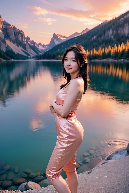 a beautiful woman,Standing on the mountain,little smile, happy , push you hand up , big breasts 1:4,at the viewpoint,You can see the image below from a distance.,Bokeh,dusk time,galaxy ,see the sky,Constellation