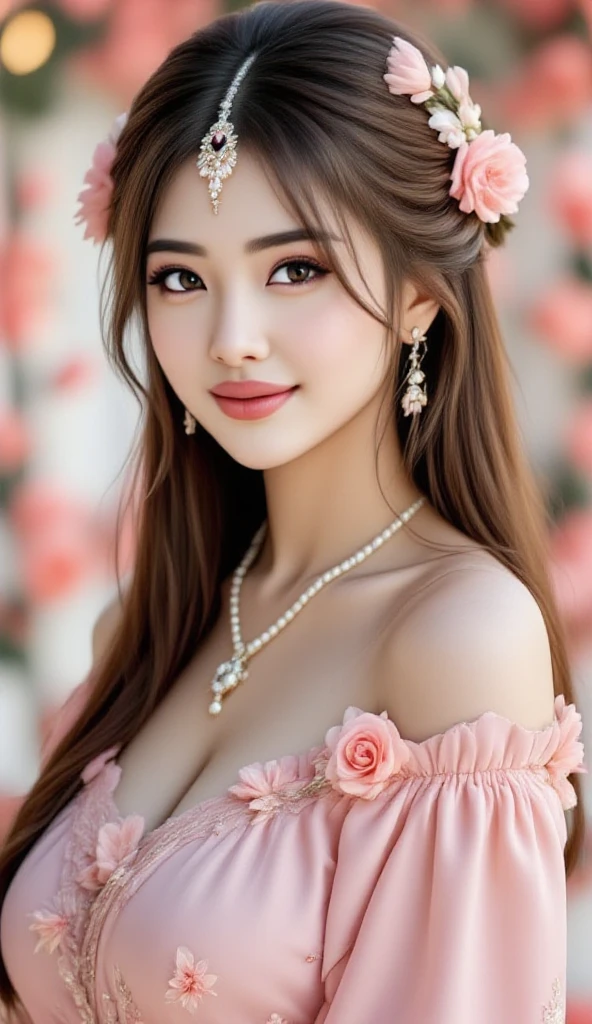 ultra high detailed, an indian girl, most beautiful Indian girls, 27 years old, cute smile realistic face, happy, long hair, impressive hairstyle, detailed eyes, detailed lips, indian clothes,  cherry red dress, lace, wearing jewellery, nature background, flowers, afternoon, shadow, clear weather, whole body capture,noch slim image longn, biggest breast, biggest chest, biggest wait, background flower valley.