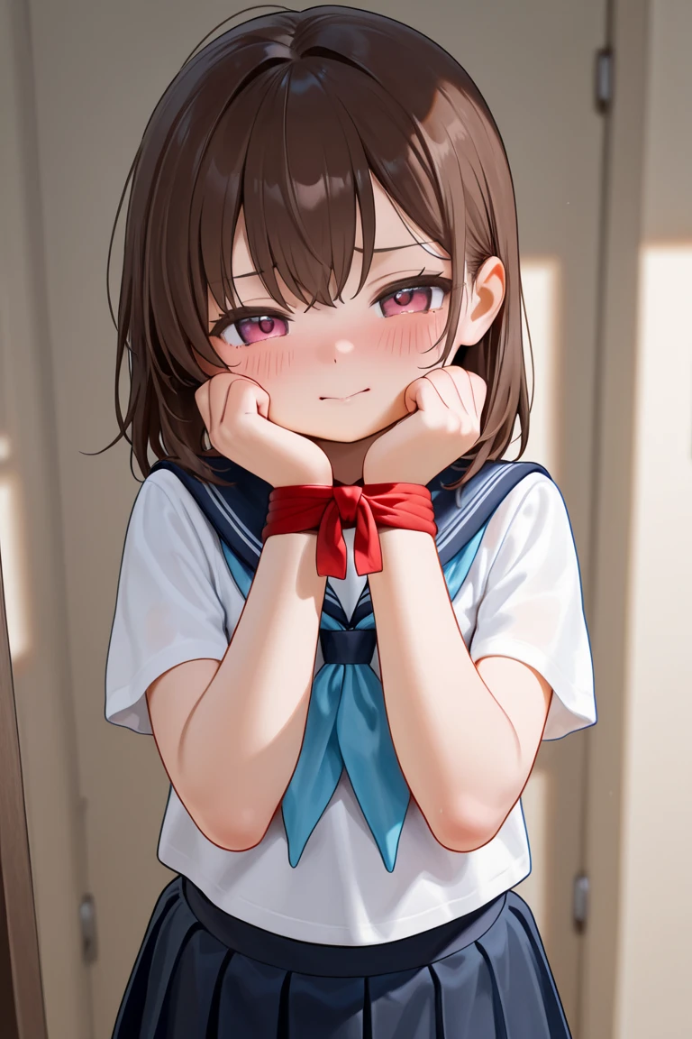 2 girls, Pushed into a locker, ((Sailor suit, Short sleeve, Tight clothing, mini skirt)), (Blushing:1.5), (Watery eye:1.5), (Tied up:1.5), (Wrists tied:1.5), Raise the hand, Hanging, (Blushing, Worried, Watery eye), Perfect body, Perfect Face, Perfect Eyes, Beautiful Eyes, Fine grain, Image taken from inside, Closed door、cute