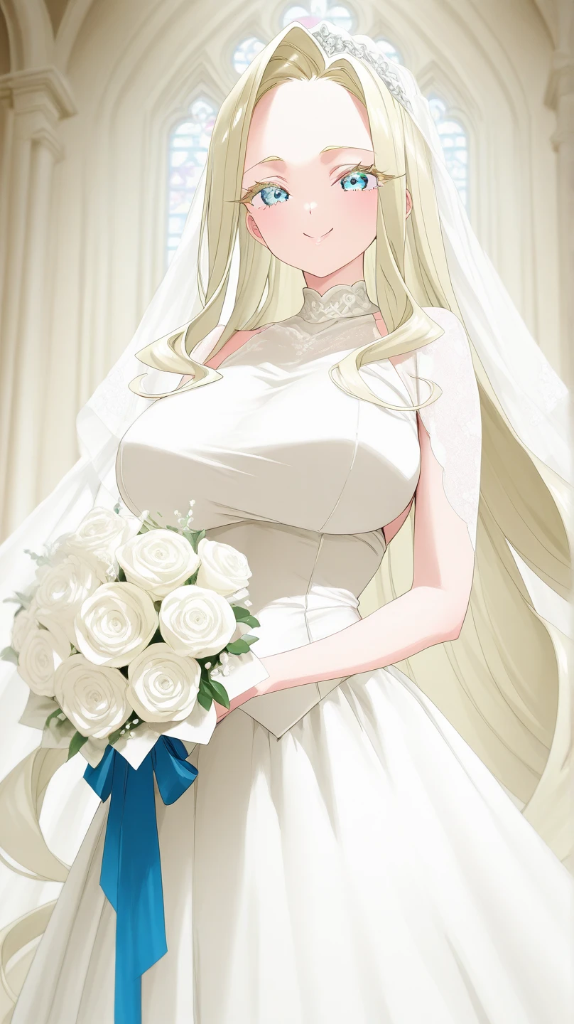 Roxanne, Close-up of beautiful bride wearing beautiful wedding dress, Gurwitz, (bridal veil:1.5), (Transparent short veil:1.5), Blushing face, head flower, headgear, (tube top wedding dress: 1.5), (Silk dress: 1.2) (Strapless wedding dress: 1.5) pure white dress, necklace, earrings, (large breasts:1.3), Deep V peach heart collar wedding dress, bangs, lipstick, (lace gloves: 1.3), whole body, high detail RAW color art, Long white dress, whole body, place your hands behind your back