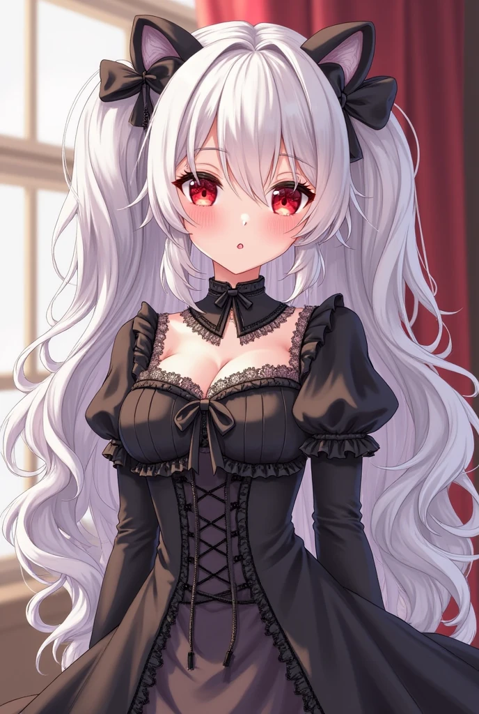 (highly detailed),(ultra-detailed),(best quality),(masterpiece),(fantasy style),twintails,gothic_lolita,thighhighs,black ribbon,((((mesugaki)))),ojousama,seductive smile,smug,(small breasts),leg_garter,(from below)
