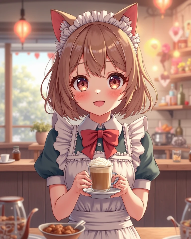 Lynian felyne girl, kemono, kitchen apron, beautiful eyes, fullbody, looking at viewer, blush, anatomically correct body, eyelashes, smile, ancient kitchen background, best quality,