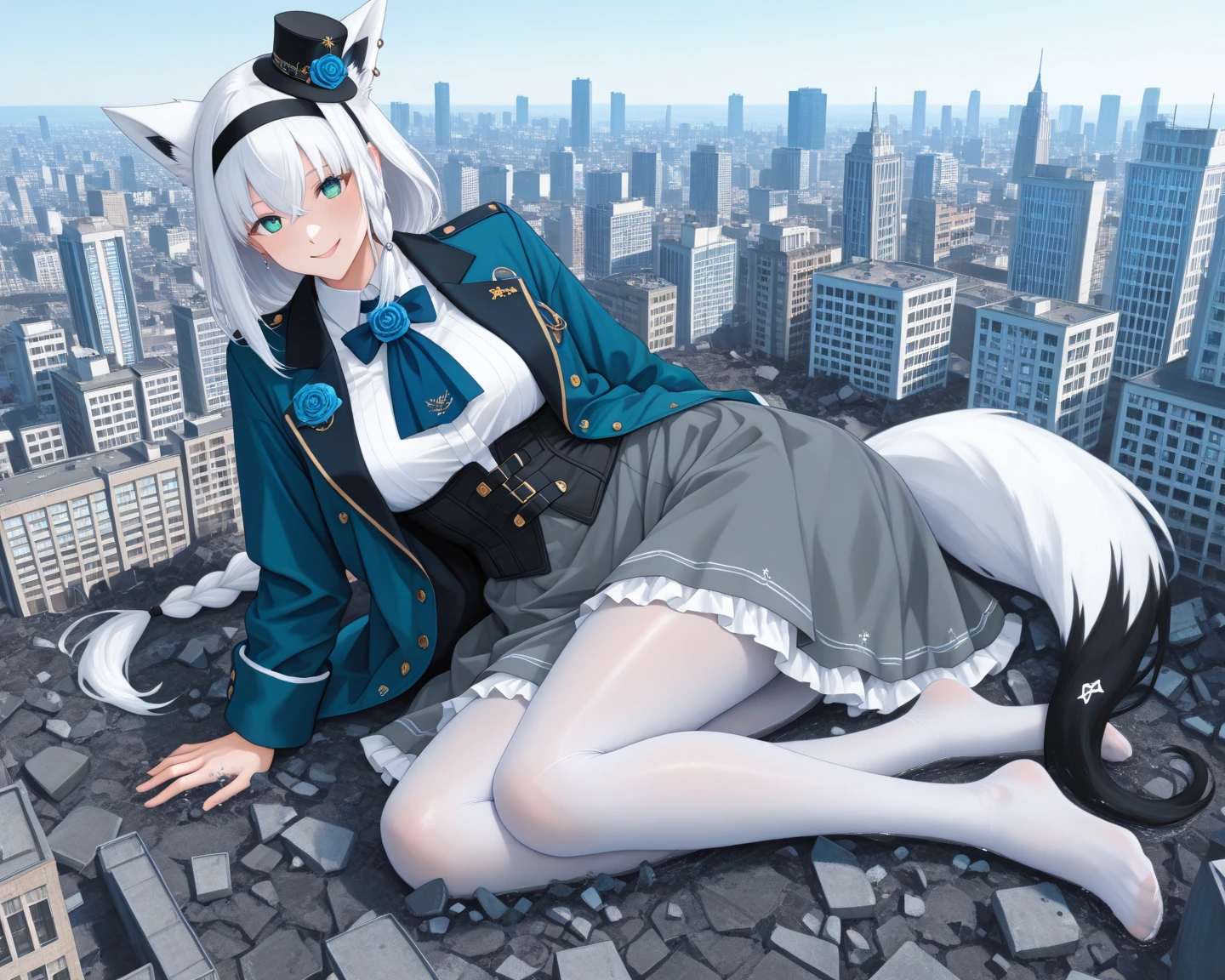 ,Clouds, view over city, mountain ranges, Masterpiece, Best quality, Highly detailed,Masterpiece,Best quality,offcial art,Extremely detailed Cg Unity 8K wallpaper,{{{Giantess}}},Giant,1girll,{Black stockings},modern miniature city,A cold expression,Sit on a modern miniature city ,Contact viewers,The feet emit steam,Smash the city,