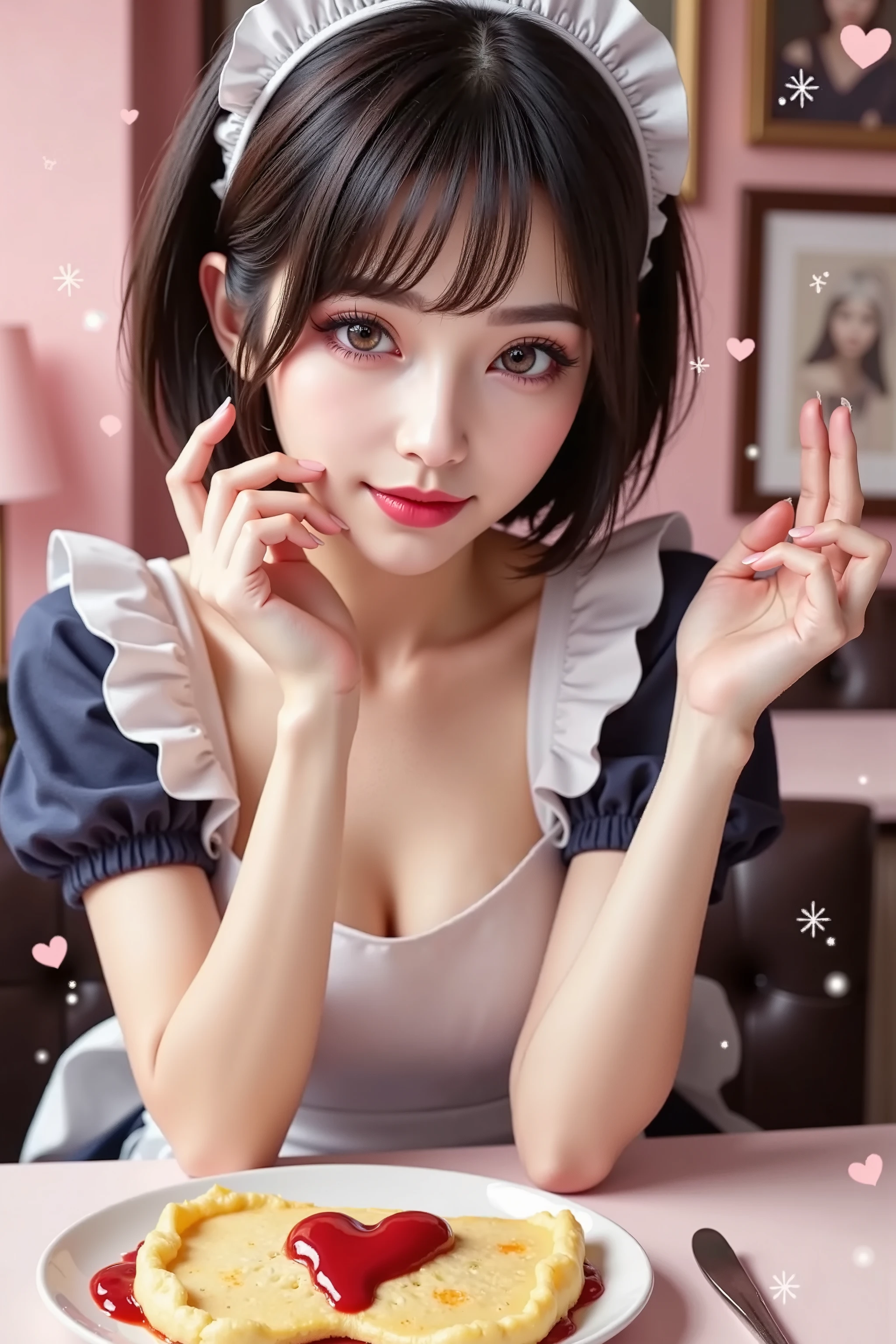 ((Full Body1.5)),maid cafe,, short short hair with both hands,long slant eyes,Foxy face,natural makeup, ((😘)),((has an omelette with a heart symbol written on it with ketchup)), ((空中ひ💕💓🩷💖))