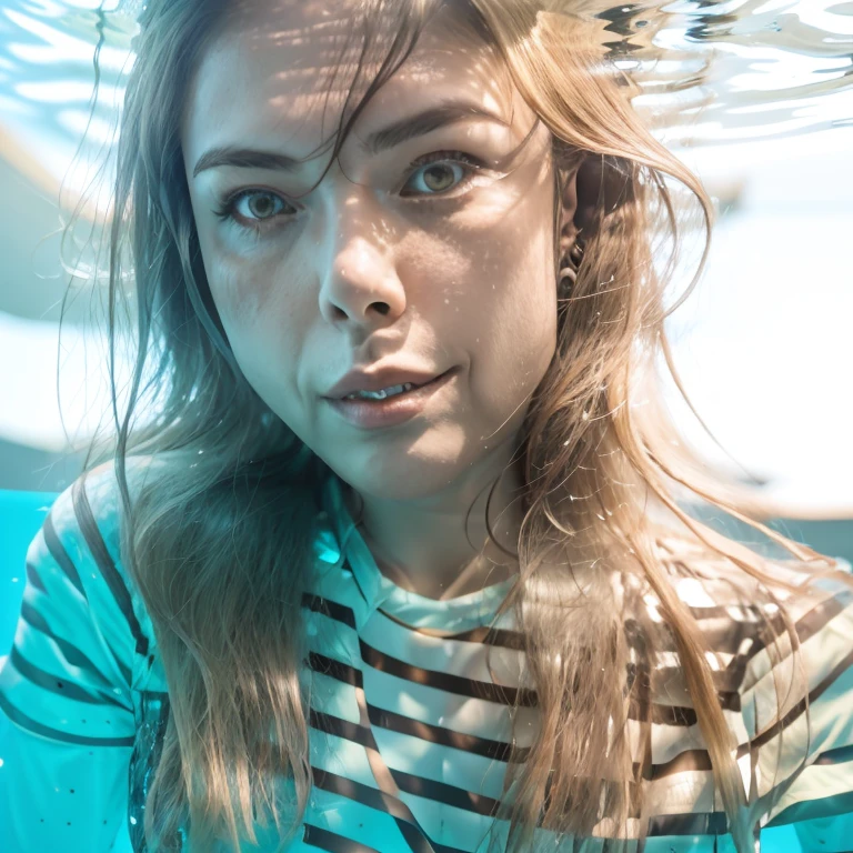Underwater photography of a 24yo woman wearing a fur sweater underwater, beautiful, smile, joyful, detailed skin, skin pores, photorealistic, best quality, high res, high contrast, very detailed <lora:ASMRDarling_31:1>