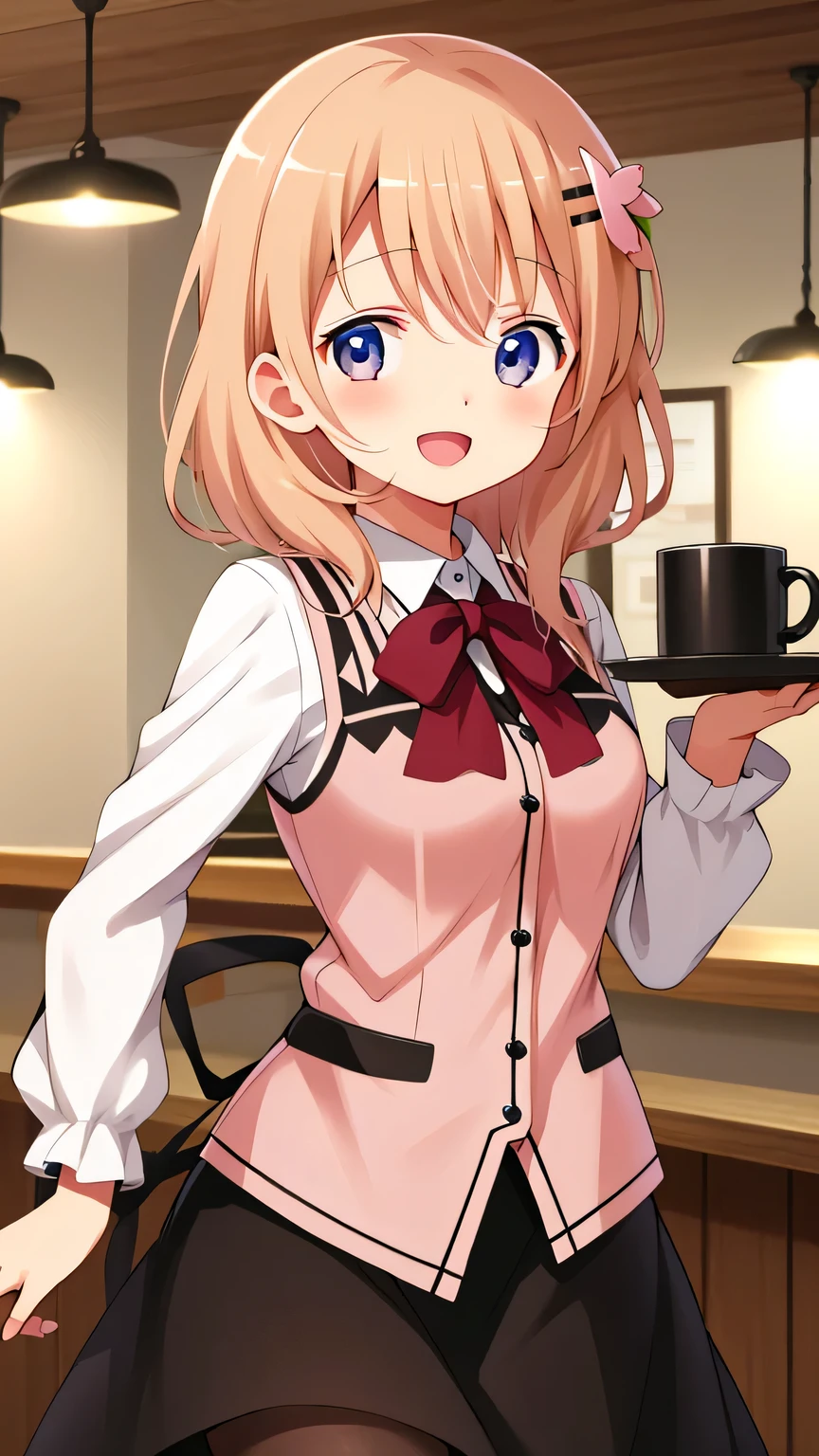 {{{masterpiece}}}, (best quality:1.5), (ultra-detailed:1.5), {illustration}, {{an extremely delicate and beautiful}}, (beautiful detailed eyes:1.6), absurdres, highres, extremely detailed face, 16k, hd, visual anime de uma jovem mulher, extremamente bonito rosto de anime, anime melhor garota, (perfect hands, perfect anatomy), anime face, Hoto Cocoa(Gochuumon wa Usagi desu ka??), aacocoa, 1girl, solo, cute face, light brown hair, (medium hair:1.2), bangs, hairclip, hair ornament, round face, big eyes, (purple eyes:1.2), (High resolution eyes, Beautiful eyes, Light in the eyes), flushed cheeks, medium breasts, big hips, curvaceous, BREAK, (pink vest:1.2), tuck out, red bowtie, collared shirt, white shirt, long sleeves, black skirt, (very long skirt:1.4), pink lining, black pantyhose, thighs, BREAK, standing, open mouth, flushed cheeks, sorriso alegre, smiling, visual anime de uma jovem mulher, extremamente bonito rosto de anime, anime melhor garota, indoor, daytime, Cafe, waitress, waiter, carrying coffee cup on tray, coffee, cup, dancing, fluttering skirt