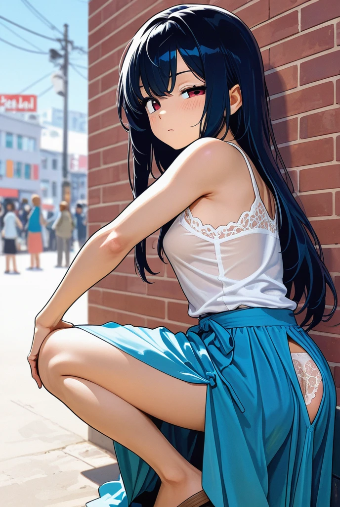 1 girl with long black hair, green eyes, only black bra and mini skirt, paint on skin, smiling, street art on background, get skirt up, show pussy, no panties, hairy pubes