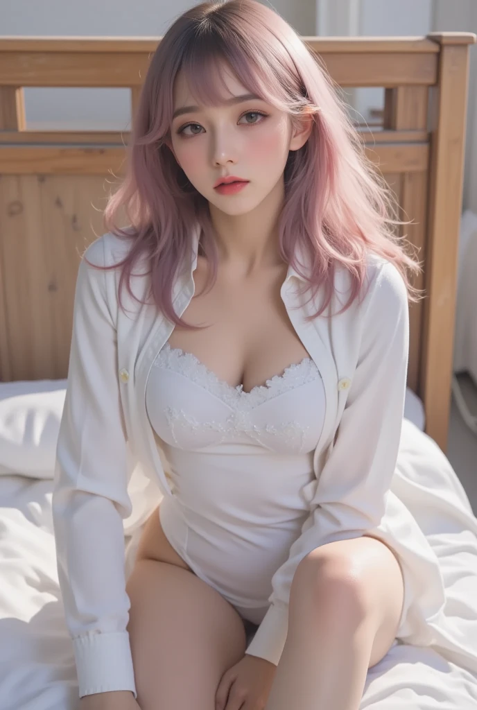 (masterpiece, Highest quality),((Very difficult)),(8kHighest quality), (1 female), (Asian:1.1),  (From above:1.6), (look up:1.4), Beautiful Face, Strike a Pose, blush, Wavy Hair, Sit on the bed, Pink Hair, Tied Hair, (Messy Hair:1.2), (Obedient:1.6)、 high waist, Slim figure, Soft Skin, Soft clothing, stockings, Linen shirt, Beautiful costumes, See-through shirt,