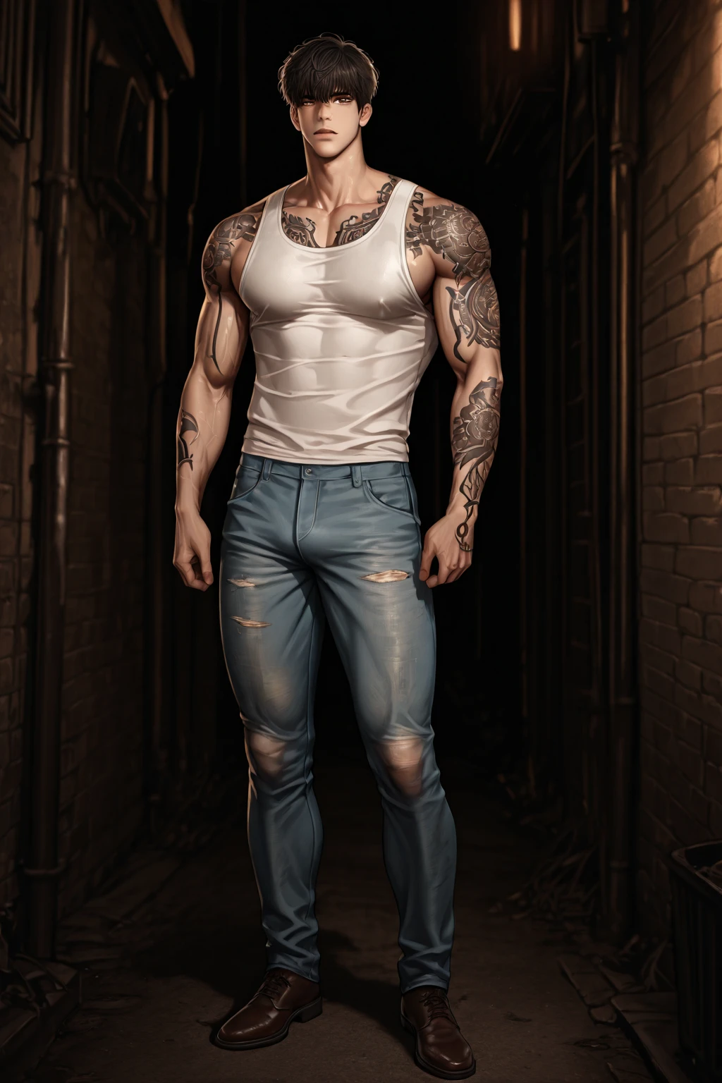 (young male:2), (20-25 years old), (front view:1.25), (blue eyes:1.2), (crop hair:1.2), (slender physique:1.2), wearing an overall over white t-shirt, mechanicoveralls, lewd, smirk, visible bulge, car workshop, garage
<lora:add_detail:1> <lora:muscle_slider_v1:-0.5> <lora:Clothing - Sexy Mechanic Overalls:0.75>