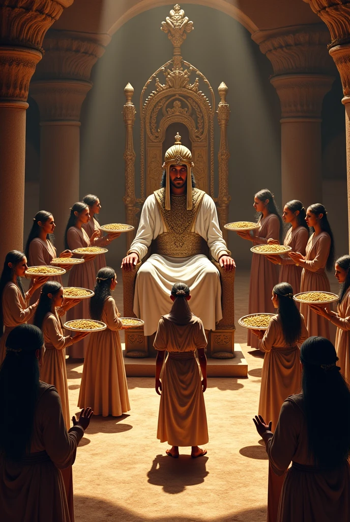 Create an image of Solomon in your throne room, surrounded by maps and models of different regions of his kingdom. Each map should highlight different types of resources and riches available.: fertile lands, Myne, trade routes, and urban centers. Solomon is strategically targeting different areas, instructing his advisors and generals on where to focus efforts and investments. The scenario should convey the idea that diversification is essential to protect and expand wealth in times of uncertainty..