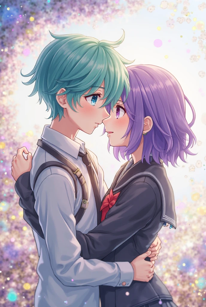 best quality, masterpiece, ultra high res, 1boy, male focus, transgender female, non binary, blocky shoulders, rainbow hair, gay pride flag dress, gender diverse, pride flag, covered, shy, long sleeve, jacket, shirt, smile, mature, aged up, wrinkles