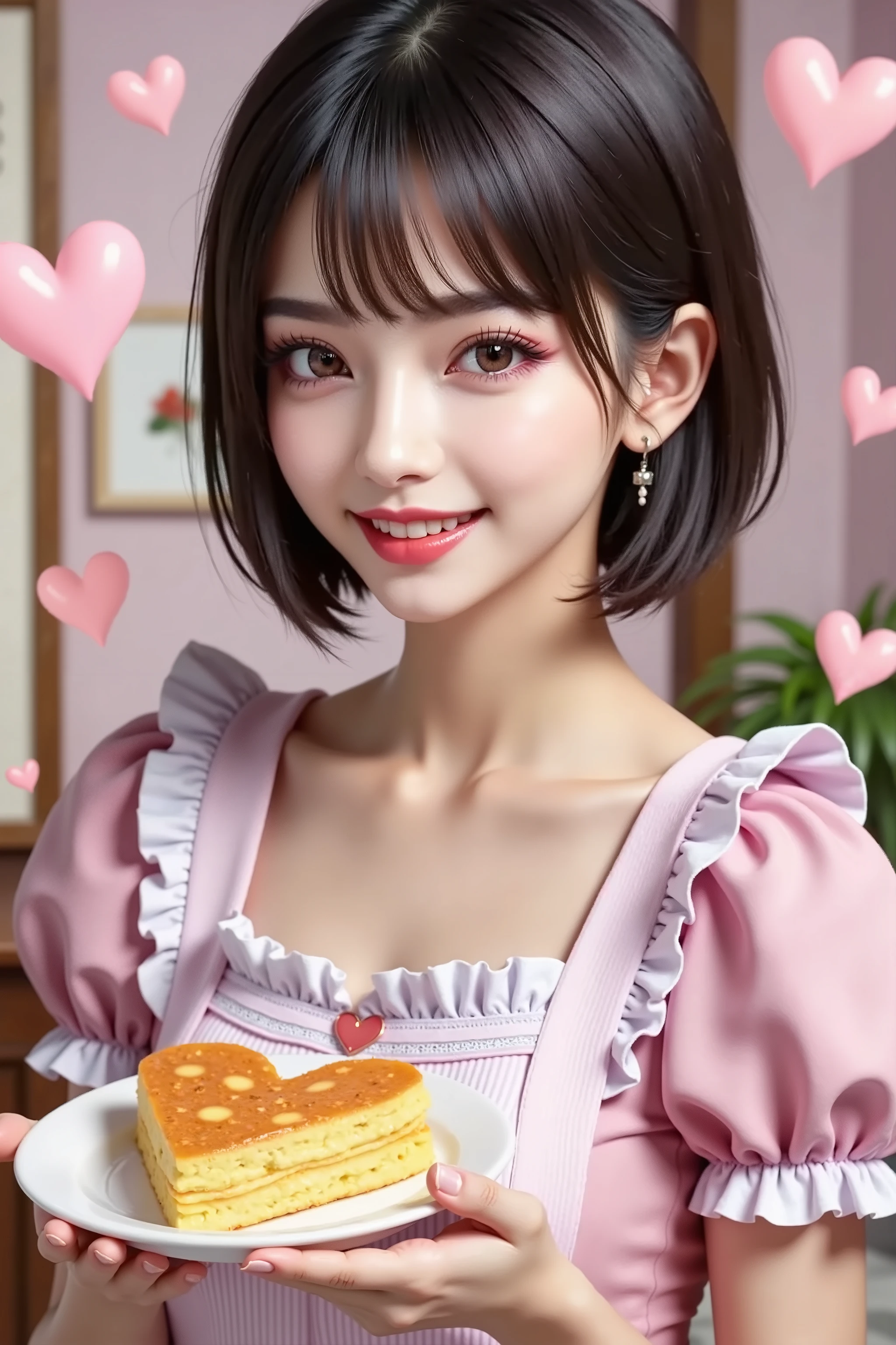 ((Full Body1.5)),maid cafe,, short short hair with both hands,long slant eyes,Foxy face,natural makeup, ((😄)),((has an omelette with a heart symbol written on it with ketchup)), ((空中ひ💕💓🩷💖))