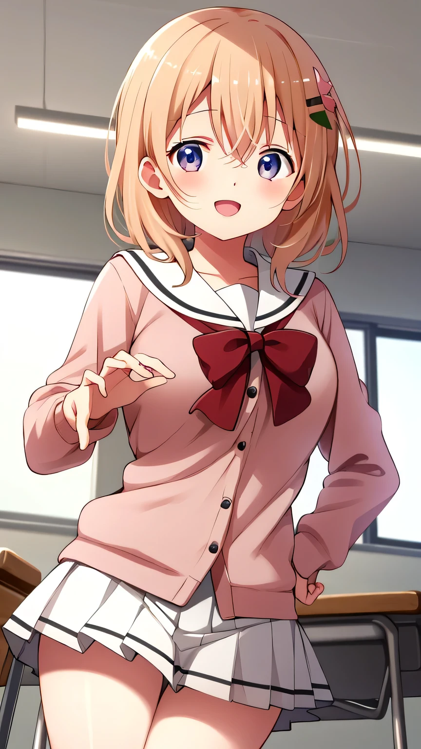 {{{masterpiece}}}, (best quality:1.5), (ultra-detailed:1.5), {illustration}, {{an extremely delicate and beautiful}}, (beautiful detailed eyes:1.6), absurdres, highres, extremely detailed face, 16k, hd, visual anime de uma jovem mulher, extremamente bonito rosto de anime, anime melhor garota, (perfect hands, perfect anatomy), anime face, Hoto Cocoa(Gochuumon wa Usagi desu ka??), aacocoa, 1girl, solo, cute face, light brown hair, (medium hair:1.4), bangs, hair between eyes, hairclip, hair ornament, round face, big eyes, (purple eyes:1.2), (High resolution eyes, Beautiful eyes, Light in the eyes), flushed cheeks, medium breasts, big hips, curvaceous, BREAK, {school uniform}, pink cardigan, (close cardigan:1.2), white sailor collar, long sleeves, pink sleeves, collarbone, red neck ribbon, pleated skirt, (white skirt:1.2), miniskirt, BREAK, serafuku, {school uniform}, summer uniform, white shirt, short sleeves, blue sailor collar, blue bowtie, mini skirt, pleated skirt, plaid skirt, blue skirt, thighs, BREAK, kyoushitsu, classroom, indoors, school chair, school desk, chalkboard, window, ceiling light, curtains, jump, jumping, smiling, peer in from below, looking at viewer, daytime