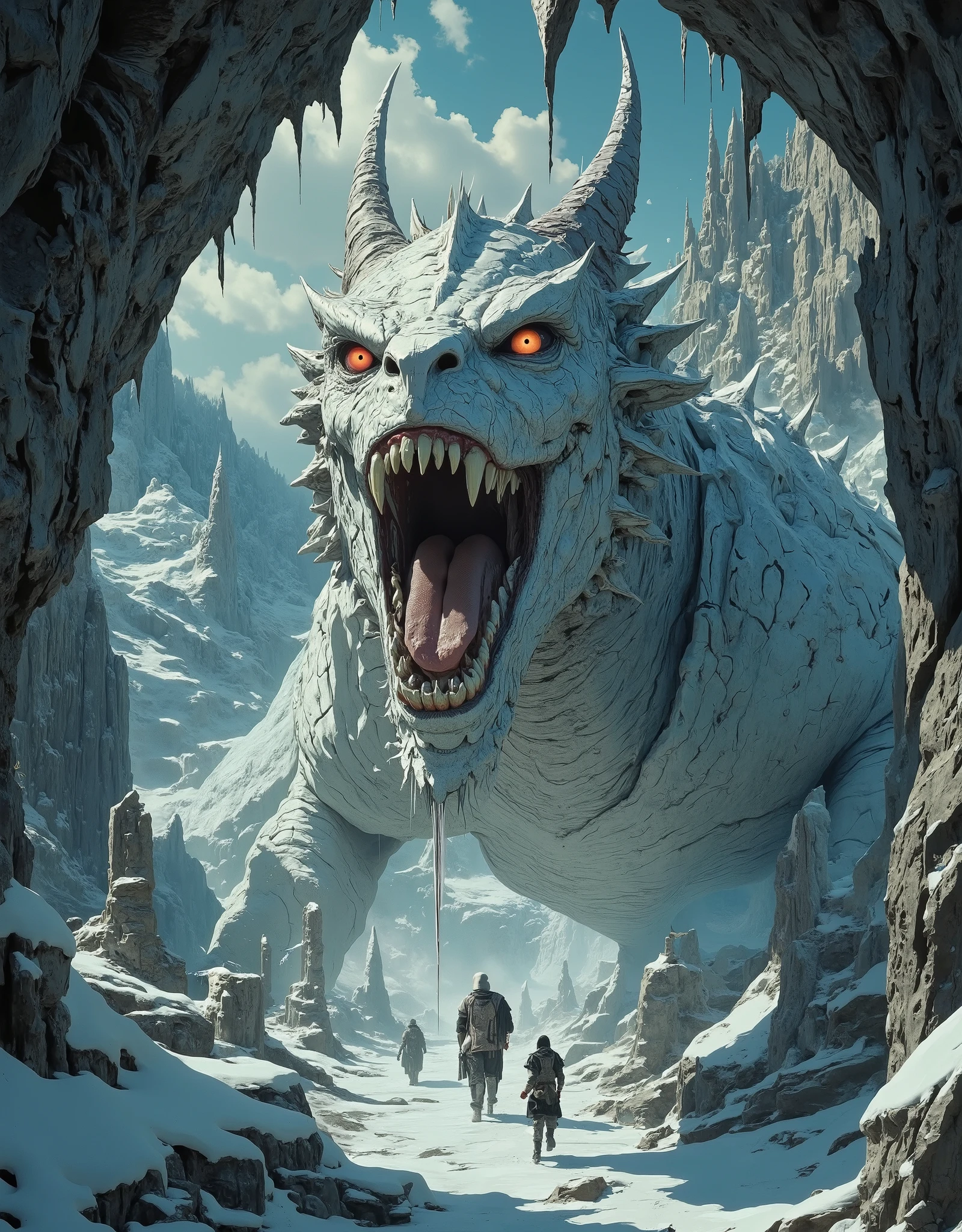 obra-prima, (Highest quality, create a high resolution,4k, 8k),(realista, photorealist: 1.5),Colossal White Dragon. Scenario: A Frozen Cave Full of Piles and Human Bones. The Dragon is roaring imposingly as it advances in front of you