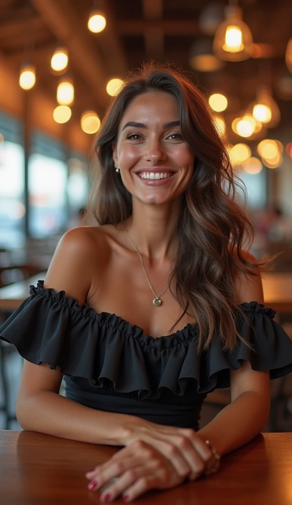 young girl, natural dark blonde highlights, (in a café drinking soda), Very detailed, 22 ans, visage innocent, 32D breast, wearing a black dress, natural wavy hair, yeux bleus, High resolution, masterpiece, Best quality, intricate high detail, highly detailed, mise au point nette, detailed skin, realistic skin texture, texture, detailled eyes, professionnel, 4K, sourire charmant, filmed on Canon, 85 mm, faible profondeur de champ, Couleur Kodak Vision, perfect fit body, Extremely detailed, photographier_\(ultra\), photoreallistic, Realstic, Post-traitement, Maximum details, roughness, real life, ultra realist, photorealism, photographie, 8K UHD, photographie