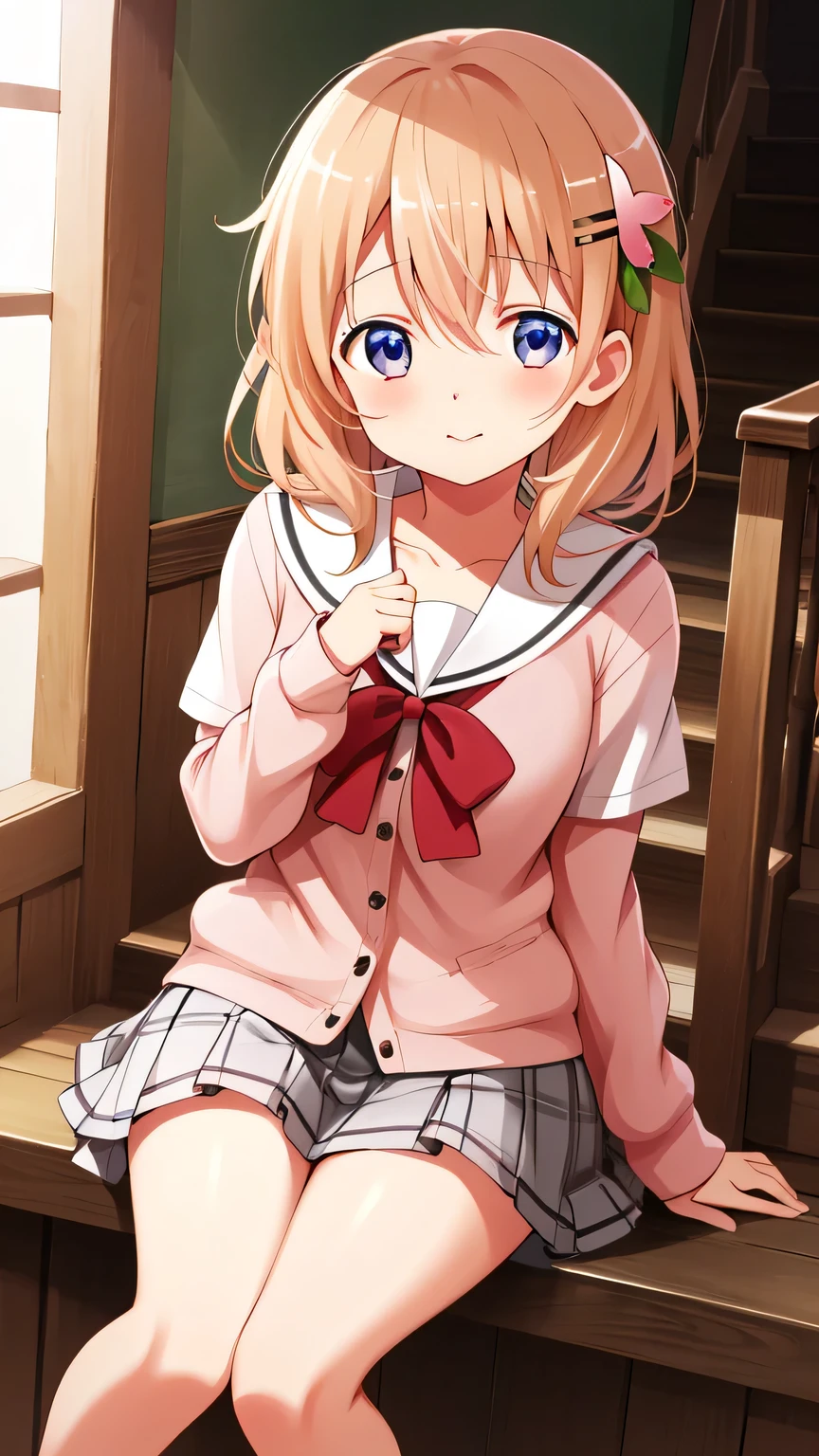 {{{masterpiece}}}, (best quality:1.5), (ultra-detailed:1.5), {illustration}, {{an extremely delicate and beautiful}}, (beautiful detailed eyes:1.6), absurdres, highres, extremely detailed face, 16k, hd, visual anime de uma jovem mulher, extremamente bonito rosto de anime, anime melhor garota, (perfect hands, perfect anatomy), anime face, Hoto Cocoa(Gochuumon wa Usagi desu ka??), aacocoa, 1girl, solo, cute face, light brown hair, (medium hair:1.4), bangs, hair between eyes, hairclip, hair ornament, round face, big eyes, (purple eyes:1.2), (High resolution eyes, Beautiful eyes, Light in the eyes), flushed cheeks, medium breasts, big hips, curvaceous, BREAK, {school uniform}, pink cardigan, (close cardigan:1.2), white sailor collar, (long sleeves:1.1), pink sleeves, collarbone, red string tie, pleated skirt, (white skirt:1.2), miniskirt, BREAK, serafuku, {school uniform}, summer uniform, white shirt, short sleeves, blue sailor collar, blue bowtie, mini skirt, pleated skirt, plaid skirt, blue skirt, thighs, BREAK, ( Sit on the stairs:1.2), face focus, looks happy, upturned eyes, flushed cheeks, looking at viewer, covering chest by one hand, knees together feet apart, sit