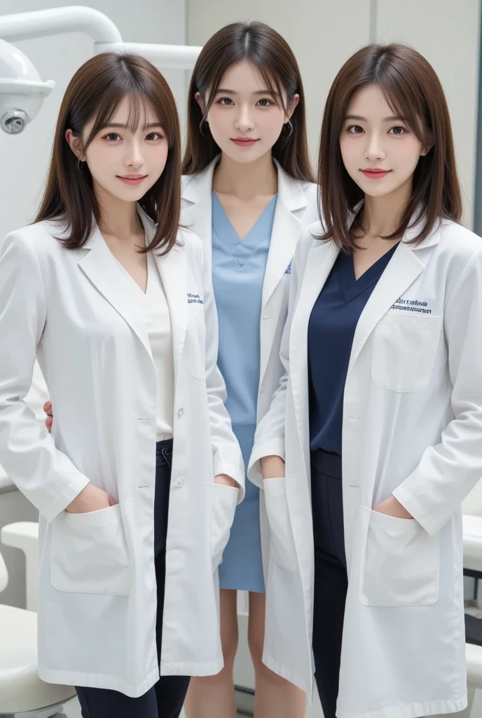 Wear a white coat,White coat and scrubs, Doctor,Female doctor,Absurd, RAW Photos, Very delicate and beautiful, masterpiece, Highest quality, Ultra-high resolution, 16K, Surreal, Super detailed, Highly detailed CG 8K wallpaper, Beautiful lighting, Perfect Lightning, Realistic Shadows, Perfect Anatomy, Highly detailed skin, Perfect figure, Japanese women, 20th Generation, Very slim figure, Tight waist, very small head, Handsome detailed woman, Highly detailed eyes and face, Realistic Face Proportions, Stunning eye for detail, Realistic beautiful face, Very small face, Realistic small beautiful eyes, double eyelid, compensate, Tearful mole, Mole on chest, Earrings, barefoot, beautiful and very thin legs, Beautiful and very slim thighs, (Very big round breasts:1.4), (Full Body Shot), short hair, Wavy Hair, Sweat, (Three Girls:1.5),