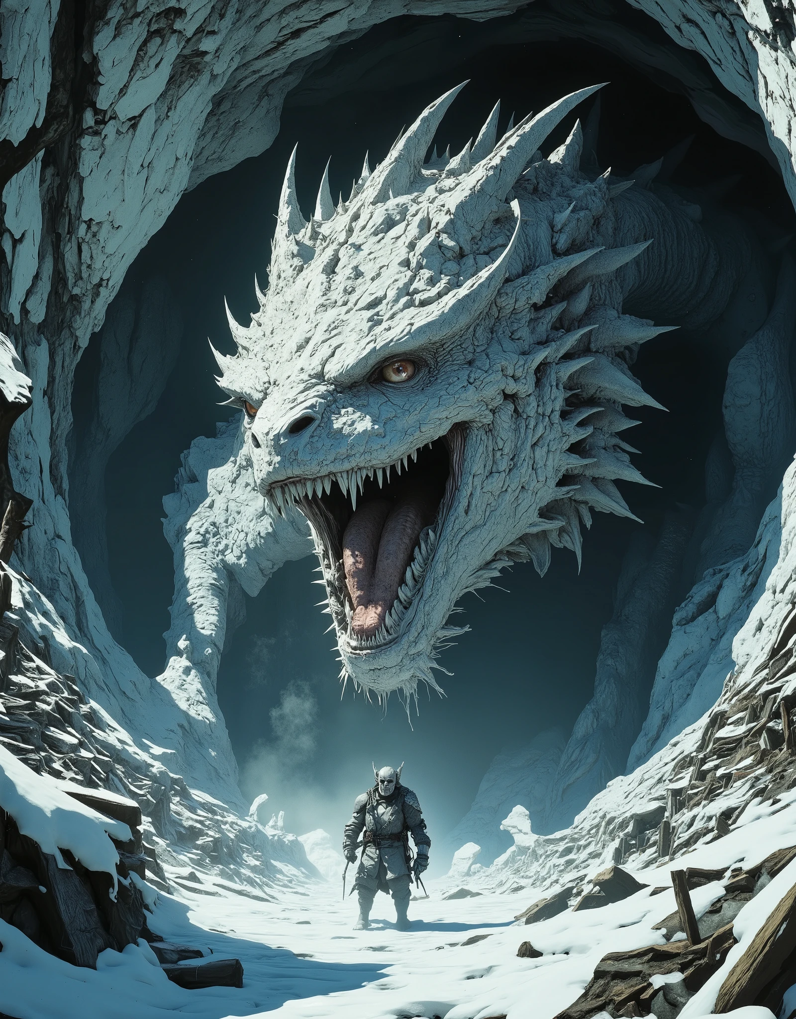 obra-prima, (Highest quality, create a high resolution,4k, 8k),(realista, photorealist: 1.5),Colossal White Dragon. Scenario: A Frozen Cave Full of Piles and Human Bones. The Dragon is roaring imposingly as it advances in front of you