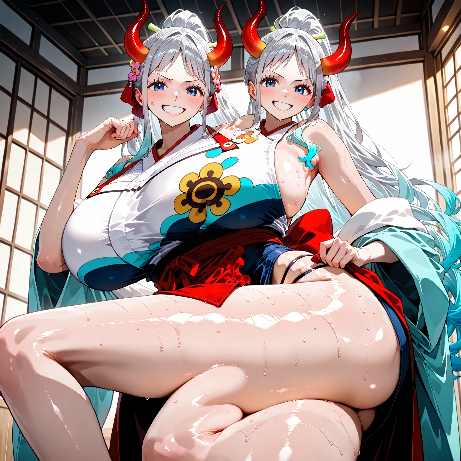 masterpiece、highest quality、1girl , huge breasts、deep cleavage、light silver hair、ponytail、brightly colored eyes、red eyes、glasses、japanese green kimono、charm、Wet、face turns red, very sweaty, dynamic pose、mesugaki、room