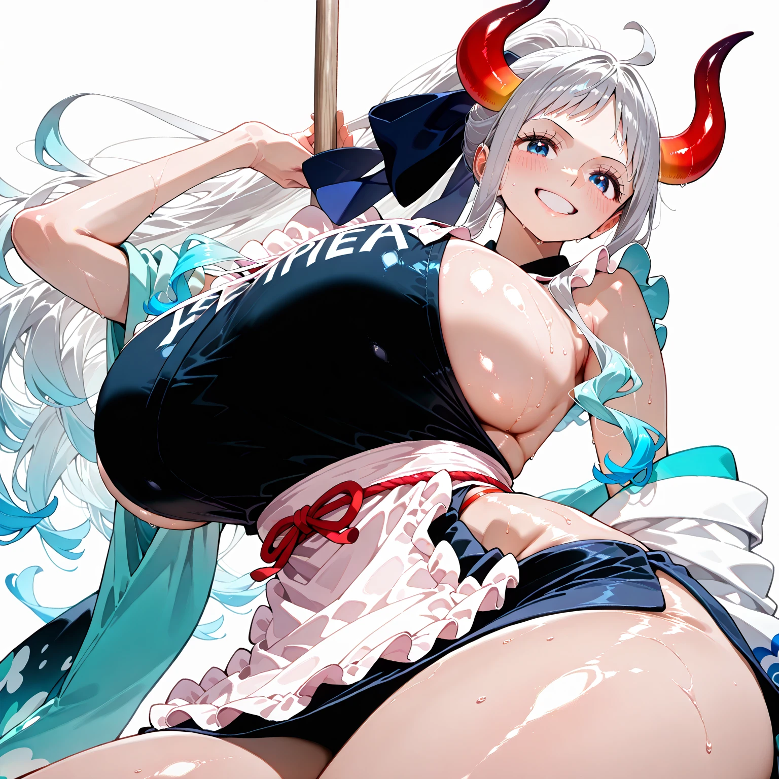 score_9, score_8_up, source_アニメ,アニメ style,Silver Hair,Center-parted bangs,long hair,Big Breasts,Eyes closed,smile,Big Tits,cool eye,((1girl)),shiny skin,Heavy breathing,Lewd,Heavy breathing,Idol outfit,High heels,pole dance,breasts curtain
