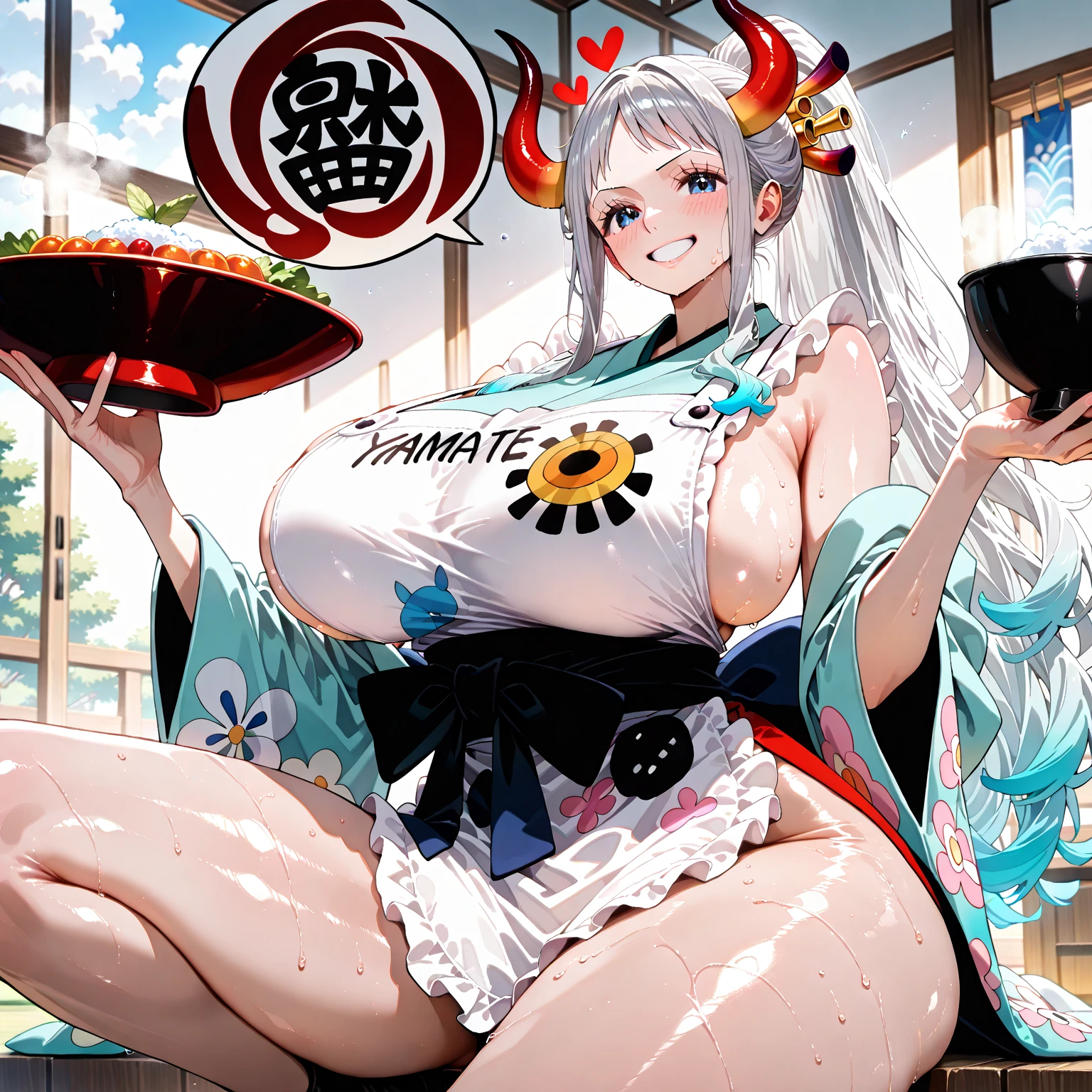 Yamato  (wanostyle) earrings, hair stick, bare shoulders, japanese clothes, rope, sleeveless kimono, shimenawa, high ponytail, large breasts, side boob, bathhouse, water, wet, multicolored hair, light green hair, horns, ((big belly)), shocked, (hands behind head:1.4), (solo:1.5)