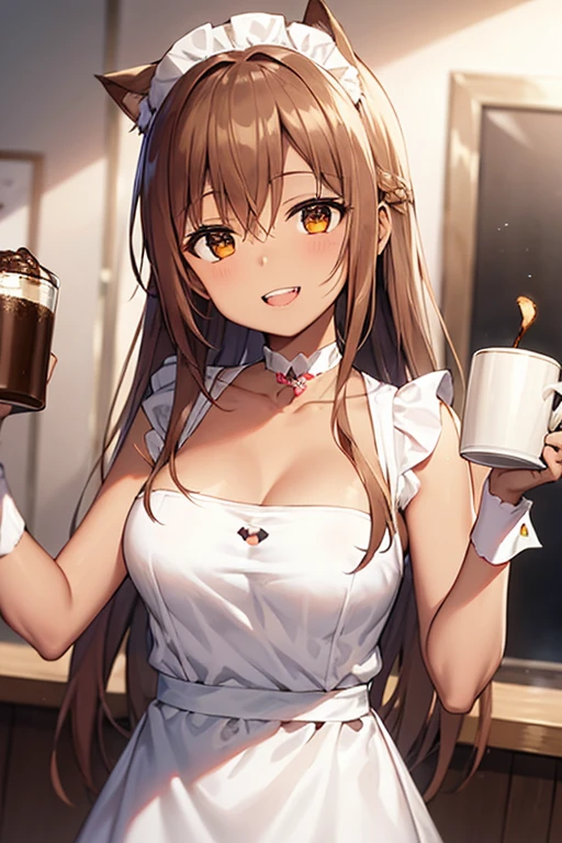 Perfect dark skin, Cute young girl, Working in a cafe, nude, blush, Wearing a long apron, Medium chest, Cleavage, White apron, Final Fantasy 14 logo on apron, White knee socks, Serve coffee, Long black red, Red highlights on hair, pretty red eyes, Bunny ears, Super detailed, masterpiece, Soft lighting, smile, Perfect Anatomy, Perfect hands, Highest quality, Matapis:1.2