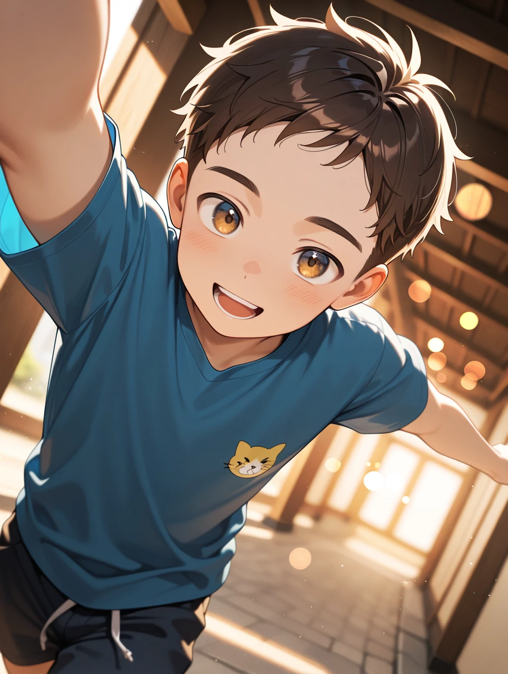a 9-year-old boy with light brown hair with small gray fox ears and an Olympic gymnastics athlete with a gray shirt