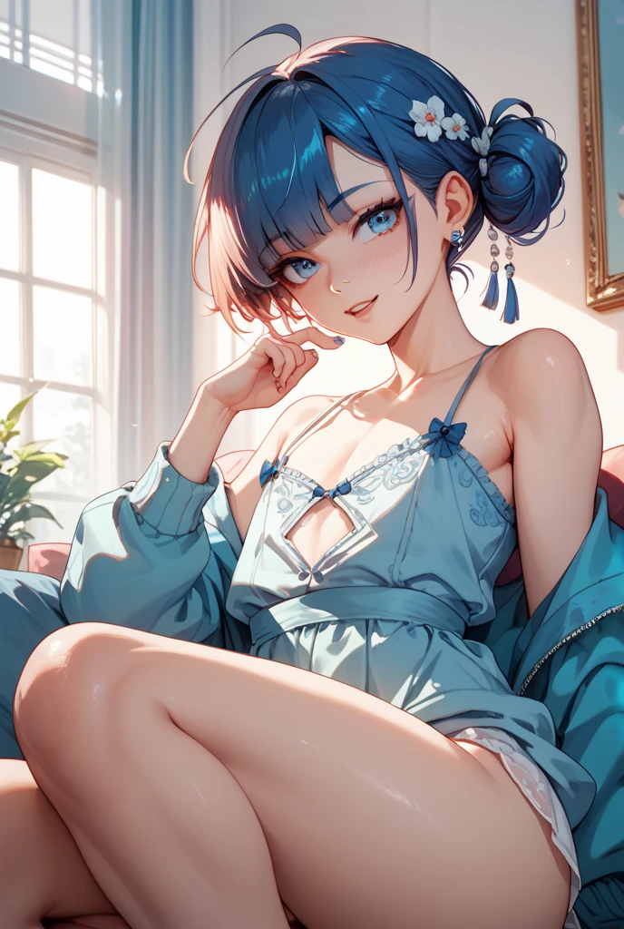 (Ultra Real), (Illustration), (High Resolution), (8K), (Very Detailed), (Best Illustration), (Beautiful Detailed Eyes), (Best Quality), (Ultra Detailed), (Masterpiece), (Nekko Wallpaper), (Detailed Face), Bed, Top Body Up, Short Hair, Blue Hair, Pink Flower, Armpits, Smiles, Lump, Solo, Simple White Top Tank Top Girl, Sweaty, Japan Person, Big,
