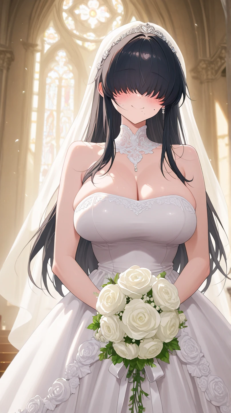 ((anime artstyle)),Best quality, Masterpiece,Solo,(full body),1 princess wearing a stately and elaborate royal wedding dress of white satin and tulle adorned with voluminous hoopskirt,crinoline,(gigantic tits,Long tits,skindentation),(voluminous straight hair,extremely Long Hair),lace, frills,embroidery and jewels, with enormous puffed sleeves, long train, long white gloves, jeweled necklace and jeweled earrings,long wedding veil