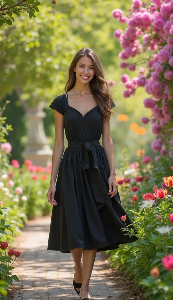 masterpiece, best quality, (photorealistic:1.4), full body, country cottage, quaint charm, flower-filled garden, cozy, edgpdress, a woman in a dress posing for a picture, wearing a pencil_dress, waterfall braid, happy, smile, <lora:edgPencilDress_MINI:1>