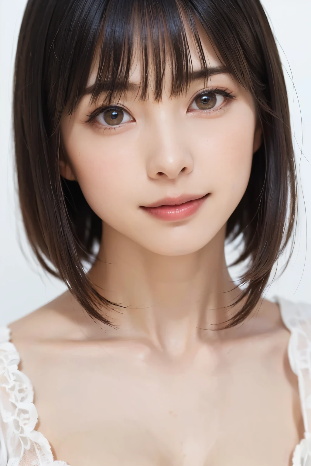 1 girl, alone, Shiny skin, chest, very detailed, ultra detailed, Ultra-high resolution, whole body, (フォトrealism:1.6), (highest quality), (Best Shadow),realism:1.6 details, Perfect lighting, Black Hair, ((Showpiece, highest quality, High precision、Beautiful face in symmetry、golden ratio)), One Girl, (big chest, Realistic: 1.4), (look up at the camera even a little, カメラをlook up, look up, look up at the camera, Looking into the camera))), alone, , White Background, snow-White Background, shut up., smile, pretty Black Hair, short hair, Big eyes, Transparent double eyelids, eyelash, listen, Long neck, Long neck, Absolute area, ((Face close-up, short hair with bangs)), 19 years old, Attractive proportions, Shiny skin, Beautiful clavicle, Golden ratio face, Perfect Face, Teardrop-shaped mole, chestのほくろ, bangs, clean bangs, beautiful bangs, Lip gloss, Thin lips, White skin, I took off my clothes, big chest, Small face, Small face, 少し上を向いてLooking into the camera, ((smile a little for the camera, really nothing pure White Background, very big big chest, big chest))