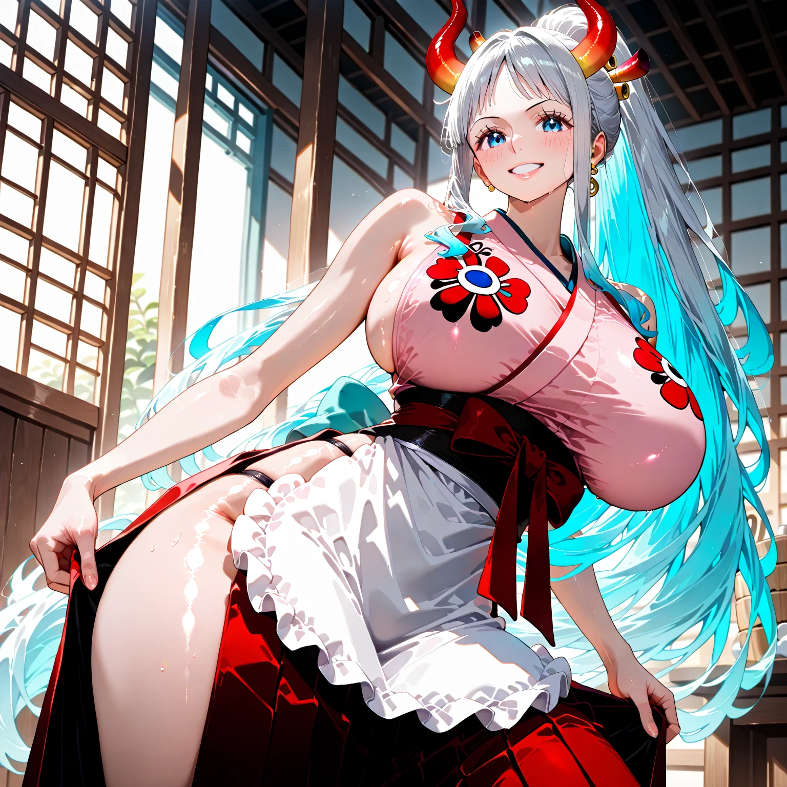 (NSFW,(best quality,highres:1.2),8k,raw,vivid colors,sharp focus,professional,photorealistic:1.37,ultra-detailed,portrait,studio lighting),kaguya,beautiful detailed eyes,beautiful detailed lips,voluptuous body,voluptuous breasts,voluptuous ass,voluptuous thighs, pigtails, white hair,clear forehead,clean forehead, looking at viewer,sexy pose,holding twintails,holding hair,wearing see-through clothes,see-through cloth material,modern clothes,golden hour lighting,light and shadow play,wind blowing her hair,confident expression,holding twintails,garden backdrop,captivating smile,flawless skin,seductive gaze,alluring curves,protruding cheekbones,chiseled jawline,playful and teasing,vibrant floral pattern,see-through frilly skirt and top,frilly skirt and top,see-through clothing,transparent clothes,aesthetic composition,colorful background,thigh-high stockings,glossy lips,perfectly manicured nails,stylish accessories,long eyelashes,eye-catching jewelry,graceful posture. 