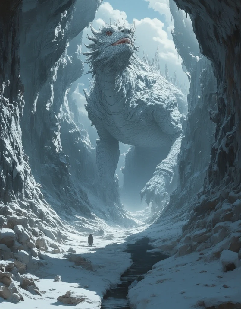 The wizard merlin stands with staff on a mountain firing an epic ice beam into a dragon, by Zdzisaw Beksiski, trending on artstation, 8k, landscape photo-reality, landscape photo-imagery