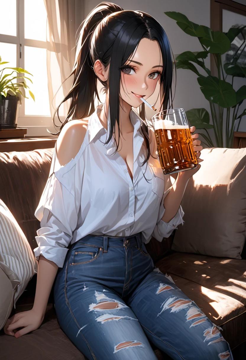 Wednesday Addams milf wrapped in a towel, sitting on a bench in the sauna and drinking beer